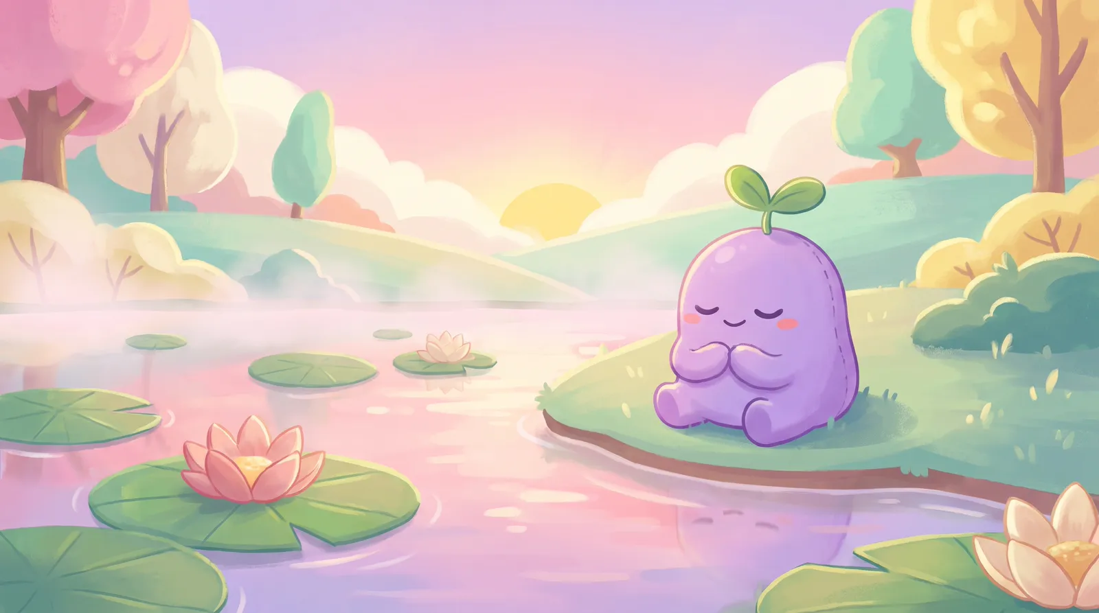 The dreamling beside a still lotus pond at dawn, hands over its heart, eyes closed