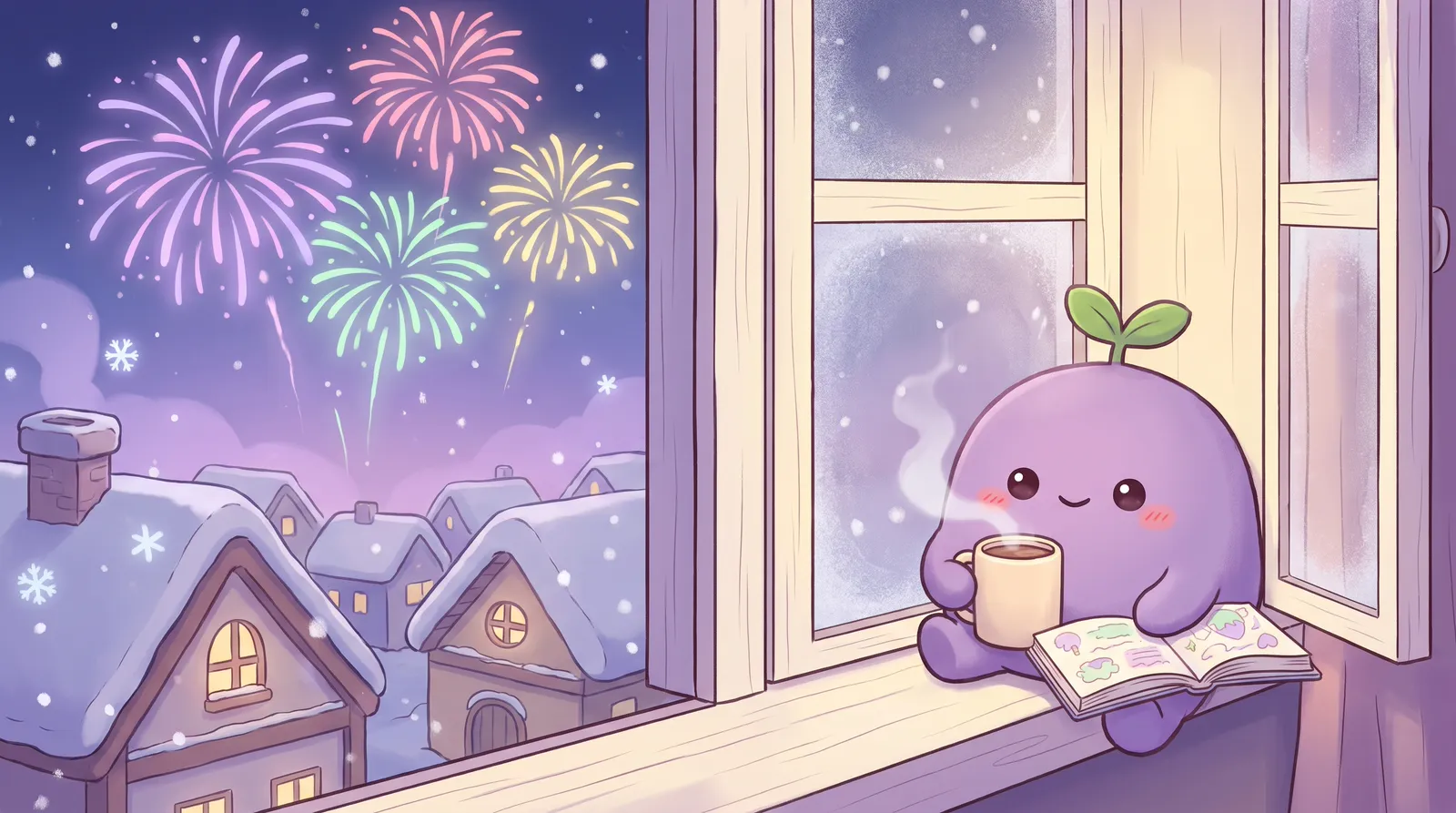 The dreamling at a window on New Year's Eve with a notebook and cocoa, pastel fireworks over snowy rooftops