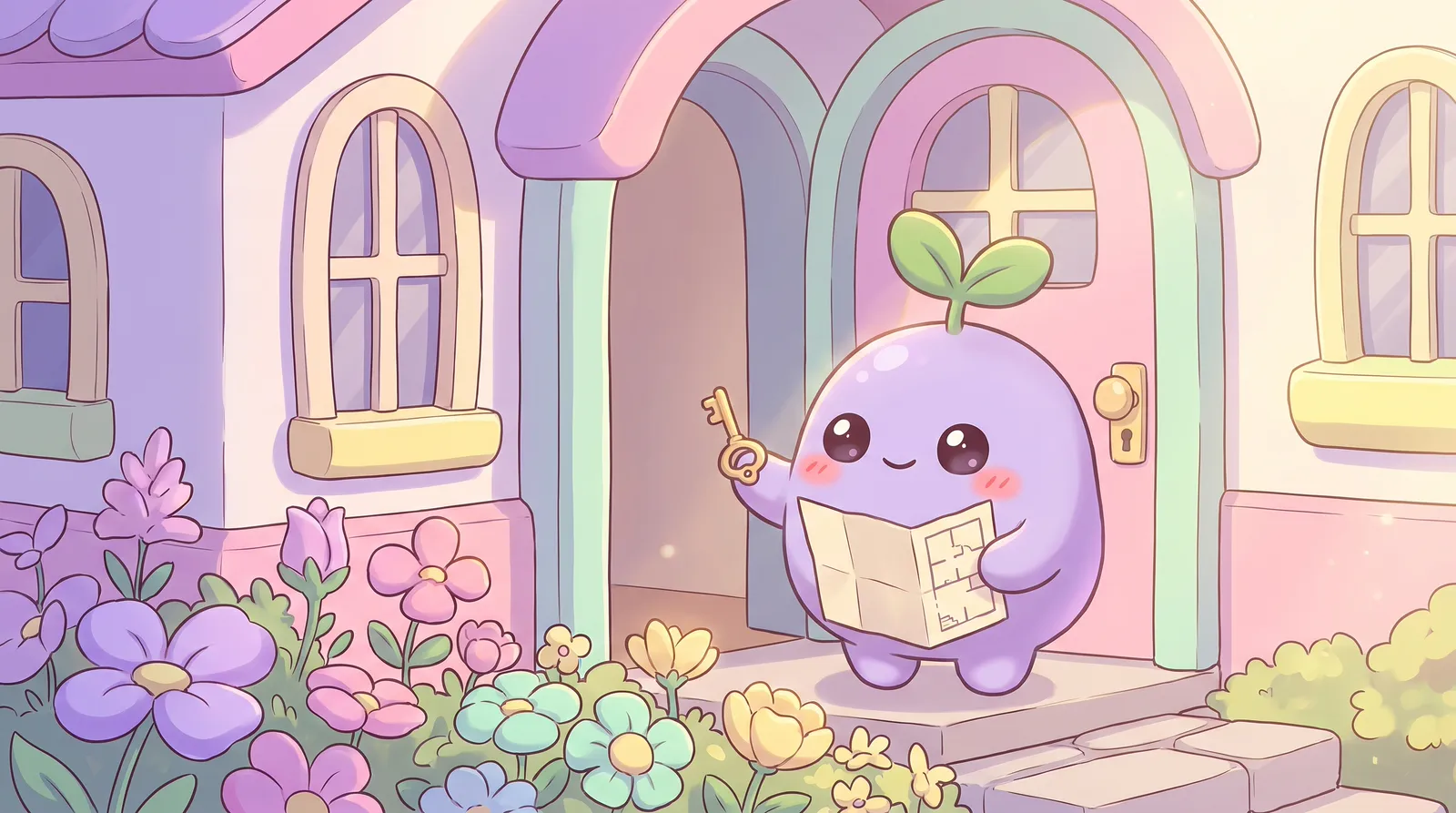 The dreamling at the door of a cute pastel house with a small key and a folded floor plan