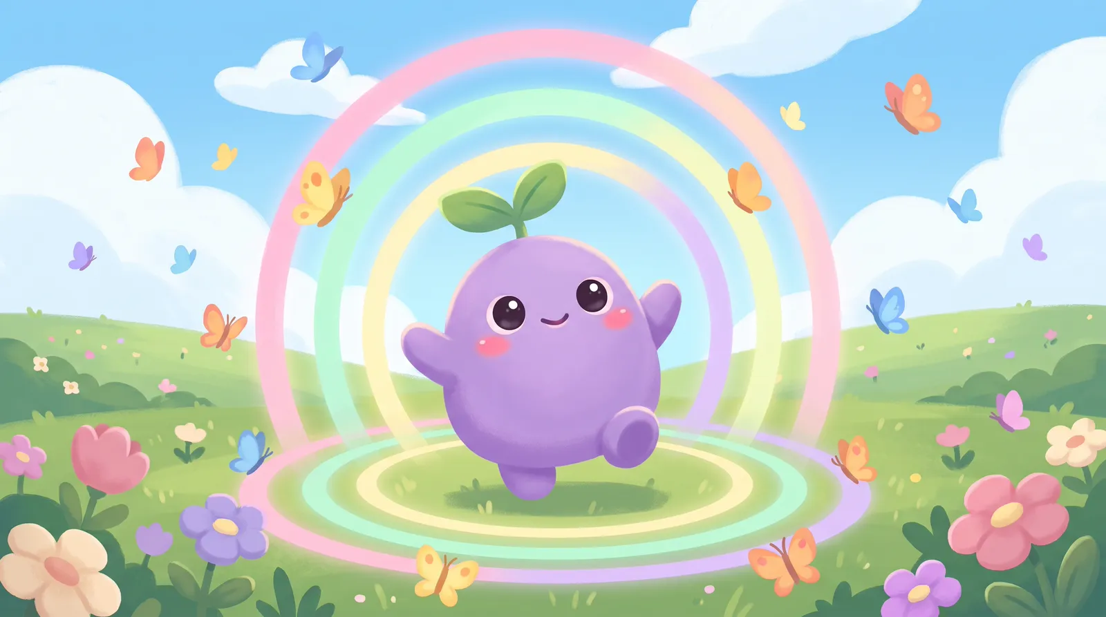 The dreamling dancing in a sunny meadow as soft rainbow rings of light ripple out from it
