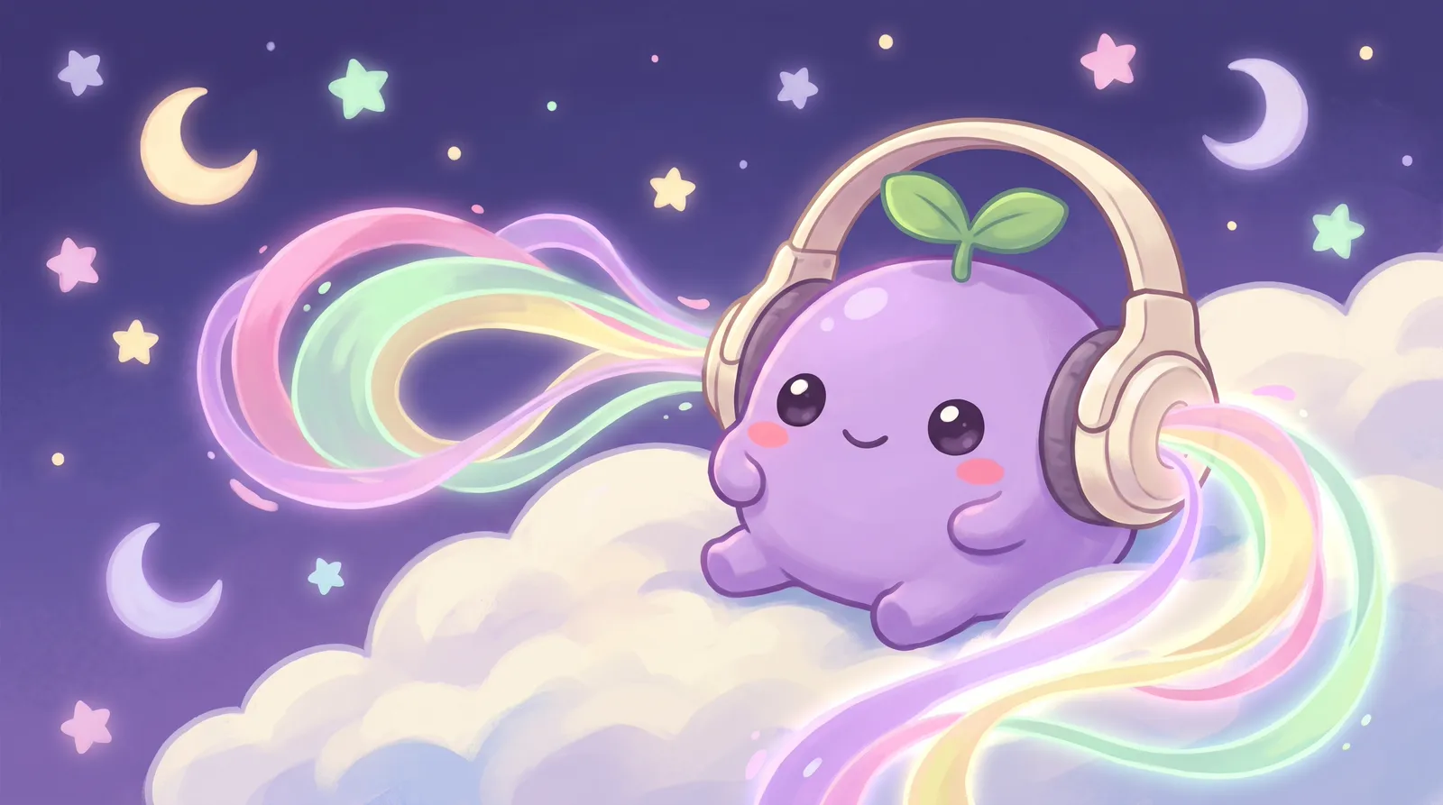 The dreamling on a cloud with big headphones, glowing pastel sound waves flowing around it