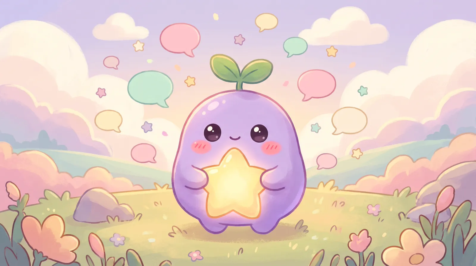 The dreamling holding a big glowing star among floating pastel speech bubbles and stars