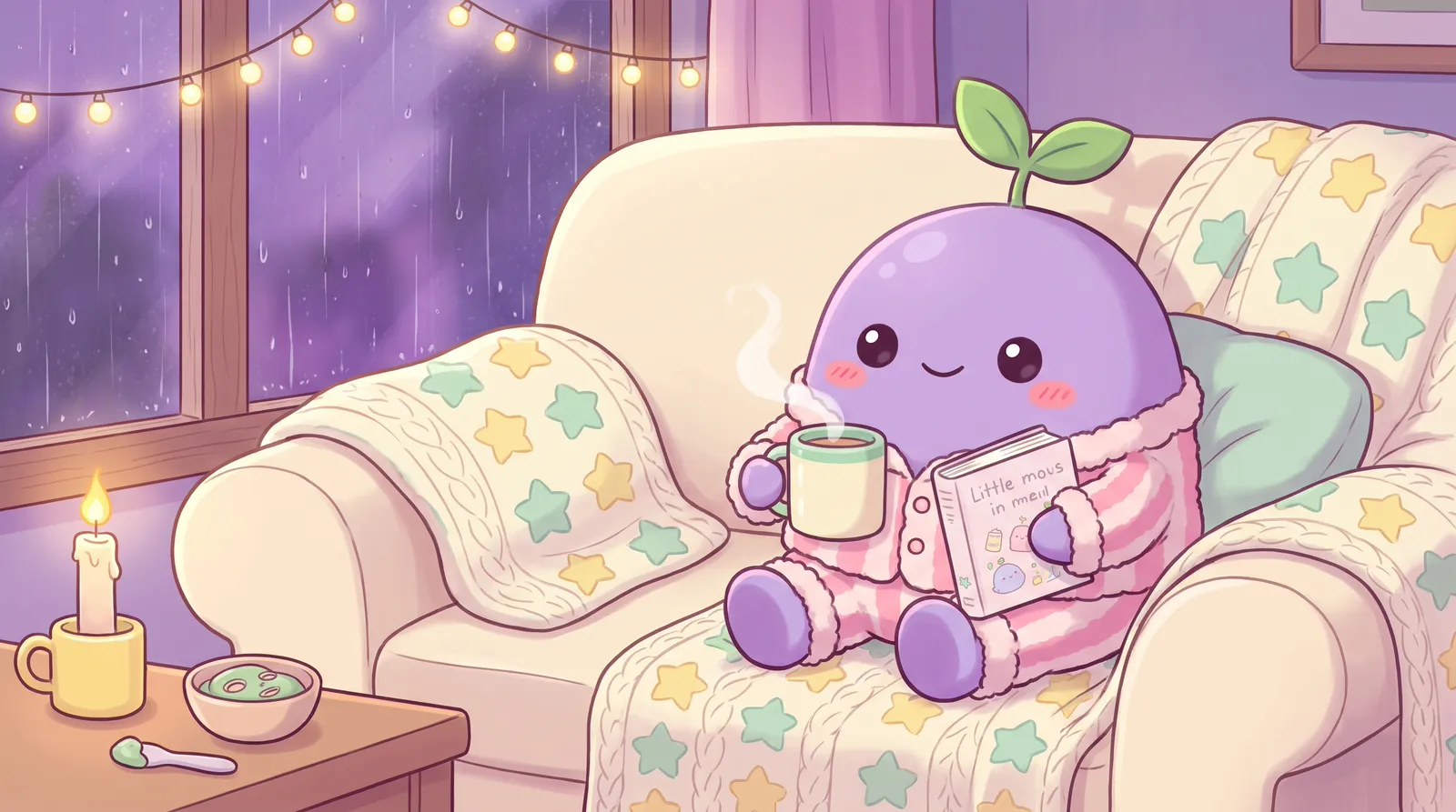 The dreamling in fluffy pyjamas on a sofa with a blanket, candle, tea, a book and fairy lights, rain outside