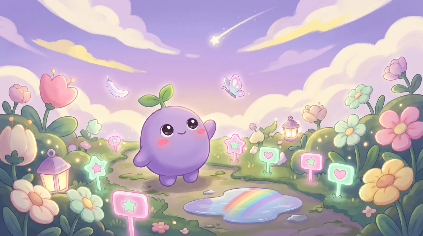 The dreamling on a garden path at dusk noticing a drifting feather, a butterfly, a rainbow in a puddle and a shooting star