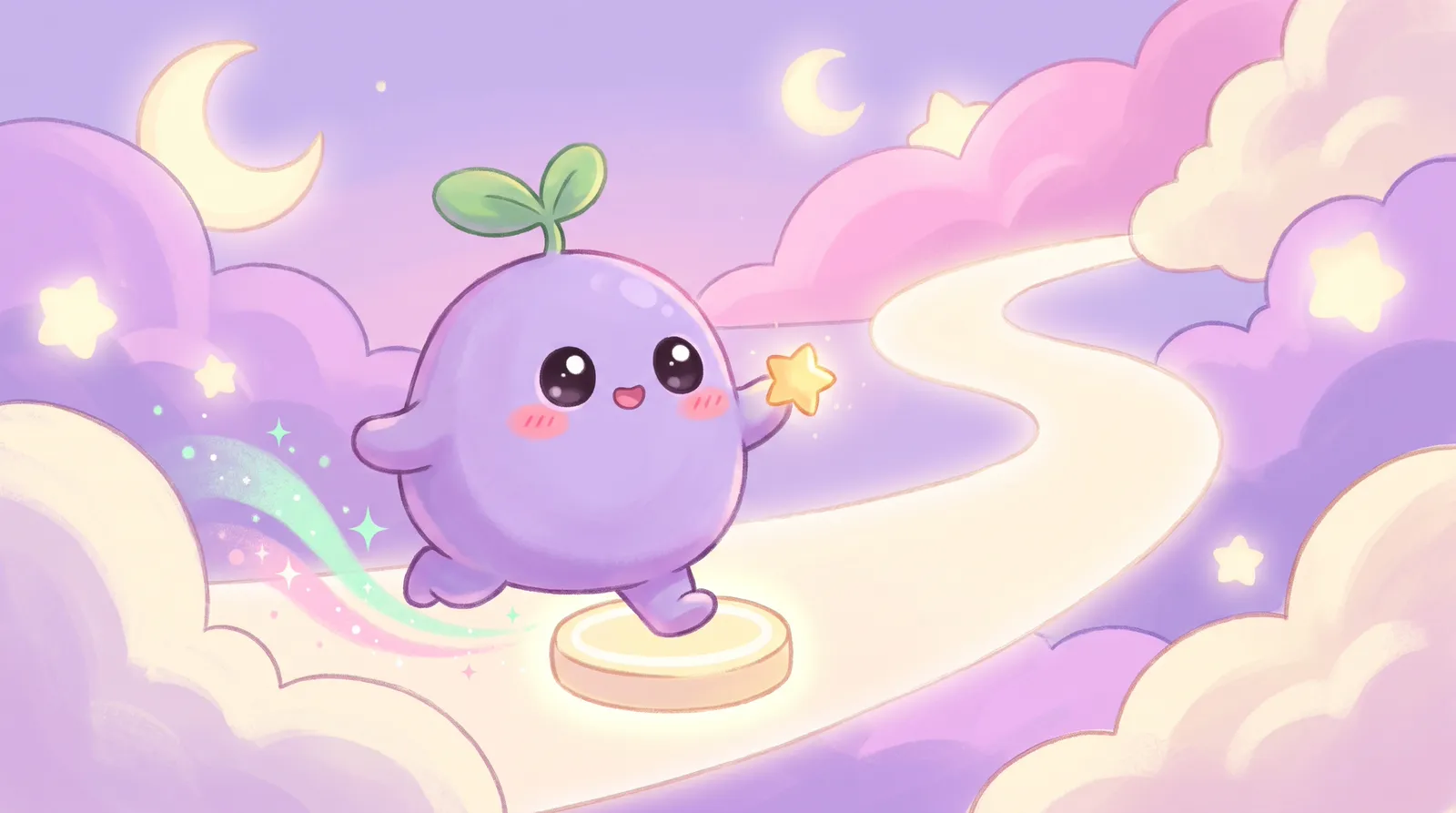 The dreamling running happily along a cloud path holding a small glowing star, its first step landing on a glowing stepping stone