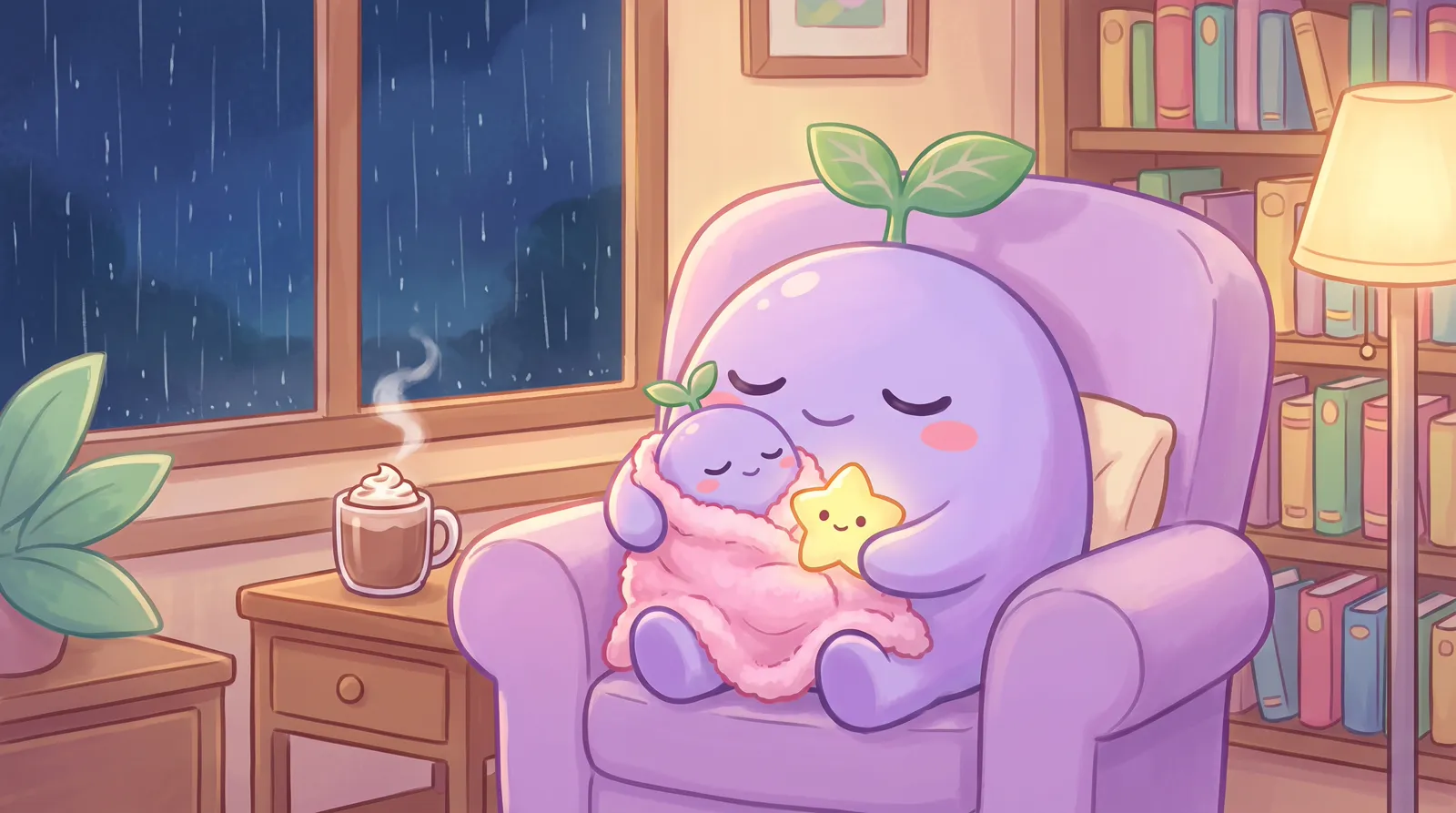 The dreamling in an armchair hugging a much smaller version of itself wrapped in a blanket