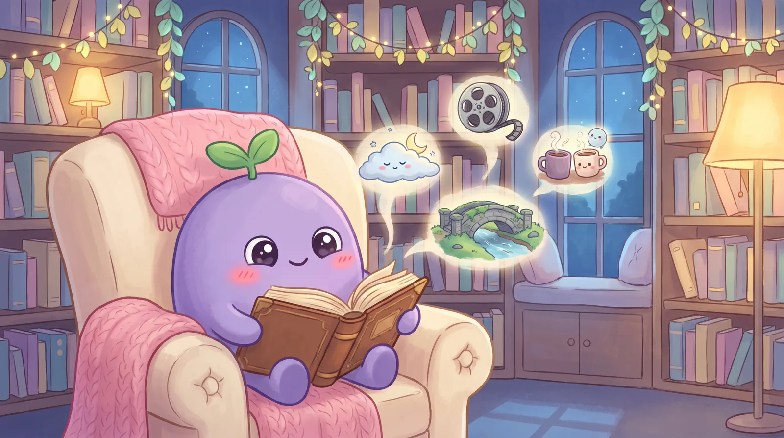 The dreamling in a big armchair with an old book, small glowing scenes of the techniques floating above it