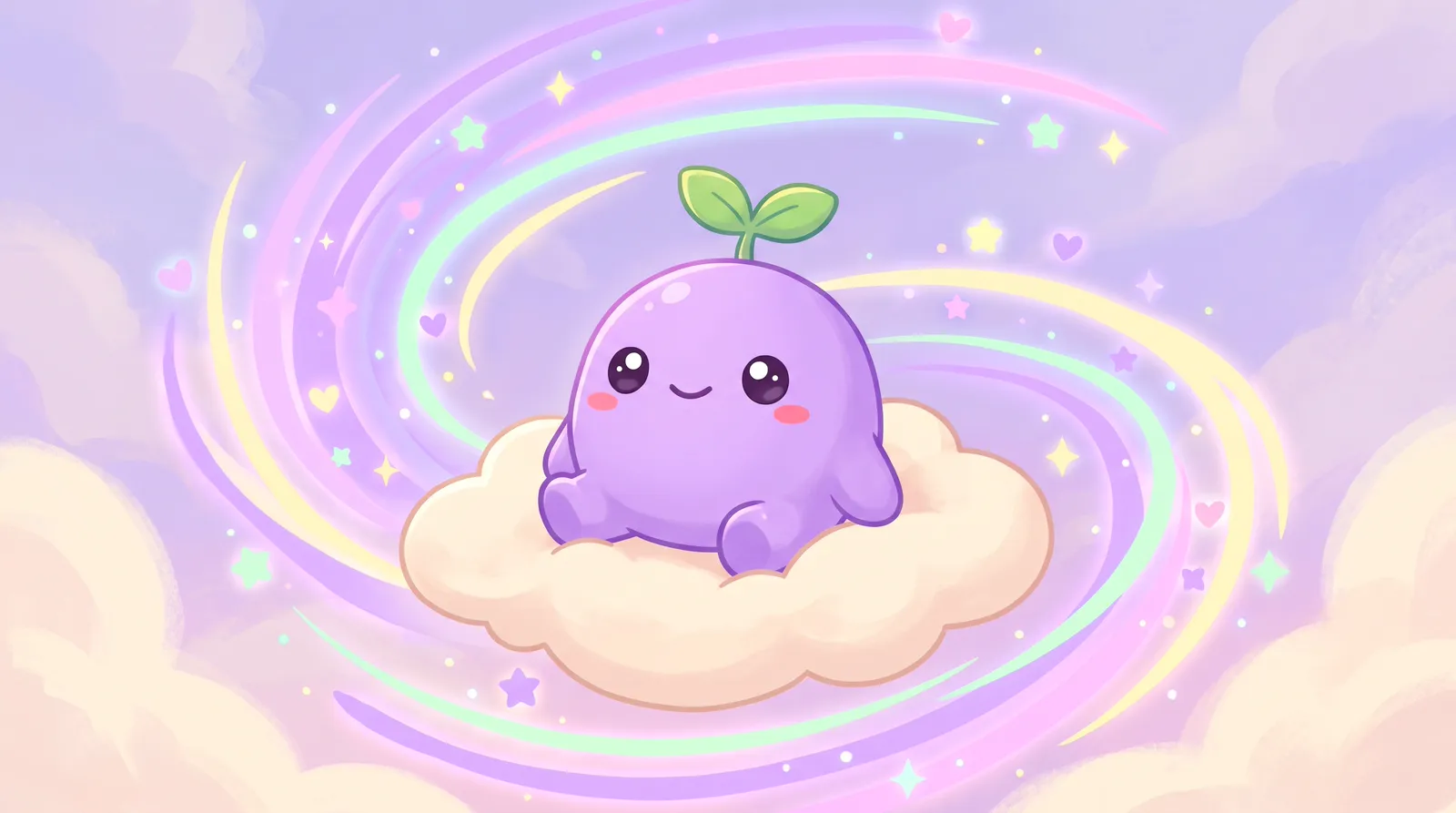 The dreamling on a cloud inside a gentle swirl of pastel light, stars and hearts spiralling around it