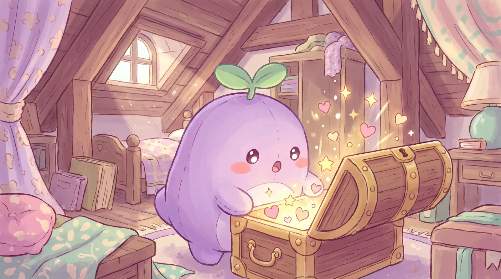 The dreamling opening an old treasure chest in an attic as golden light, stars and hearts spill out