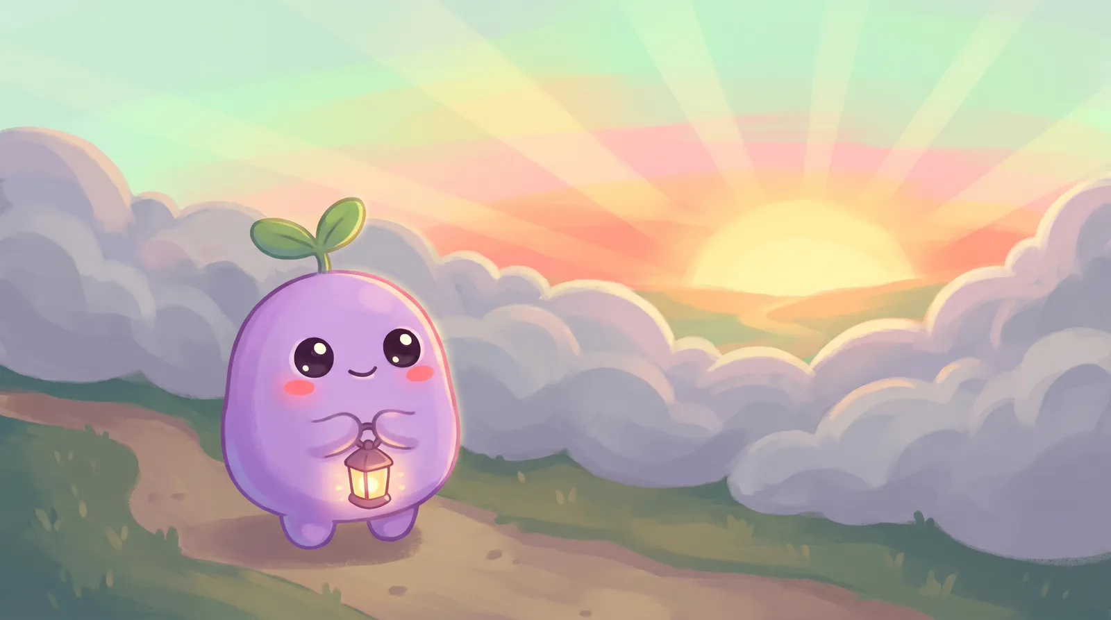 The dreamling holding a lantern before a soft wall of grey clouds, a sunrise glowing beyond them
