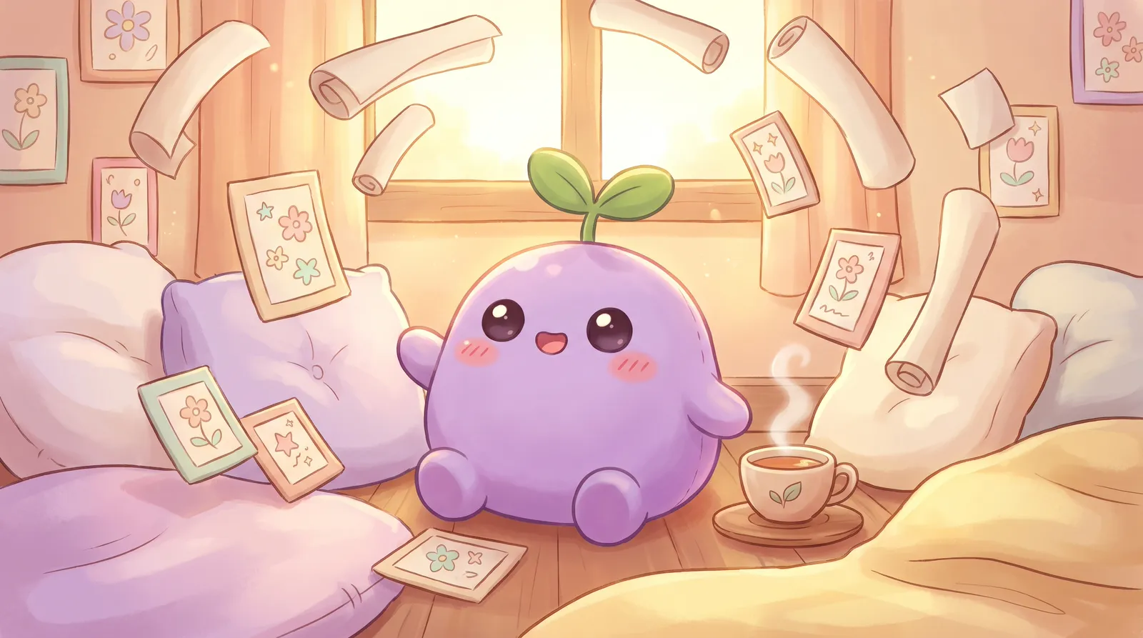 The dreamling among floating paper scrolls and small framed cards with doodled flowers and stars, a cup of tea at golden hour