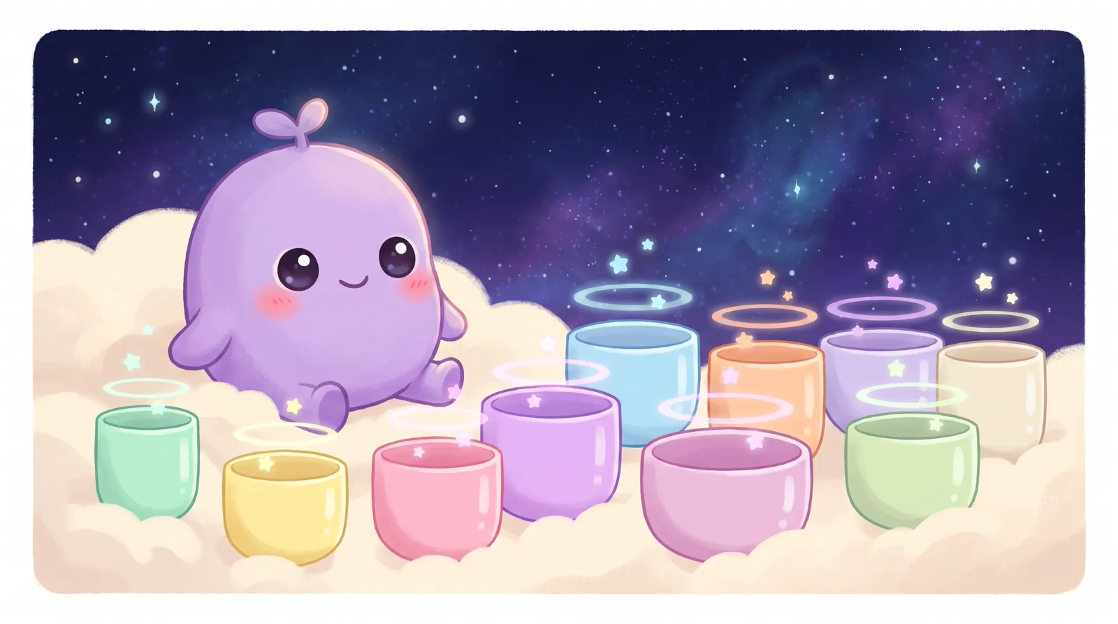 The dreamling on a cloud before nine glowing crystal singing bowls, soft rings of light rising