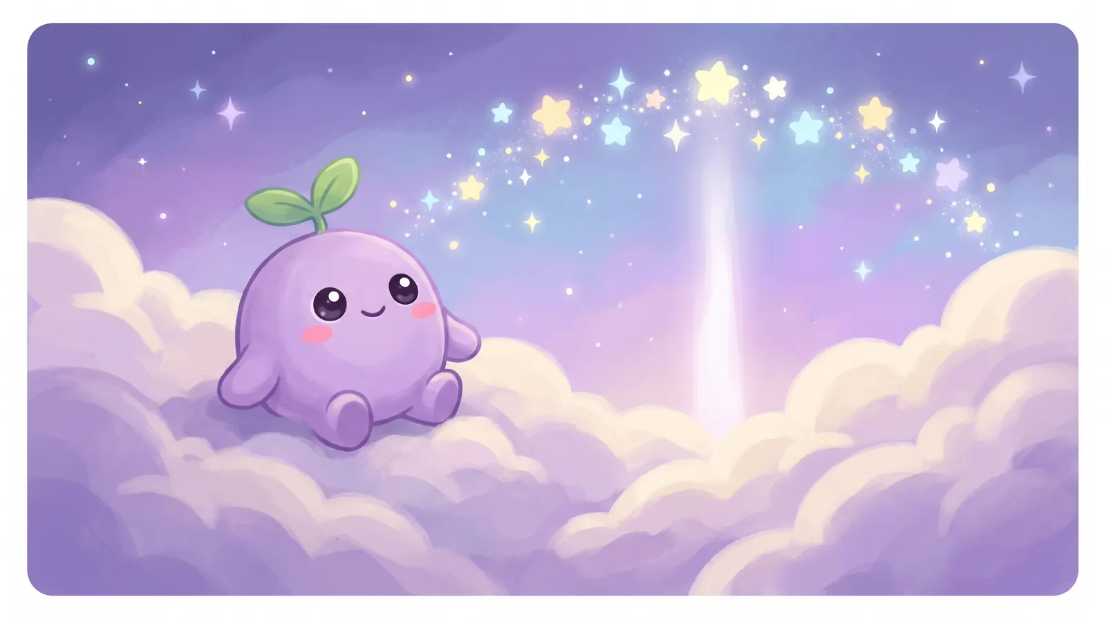 The dreamling on clouds under a crown of starlight, a soft column of light rising to the stars