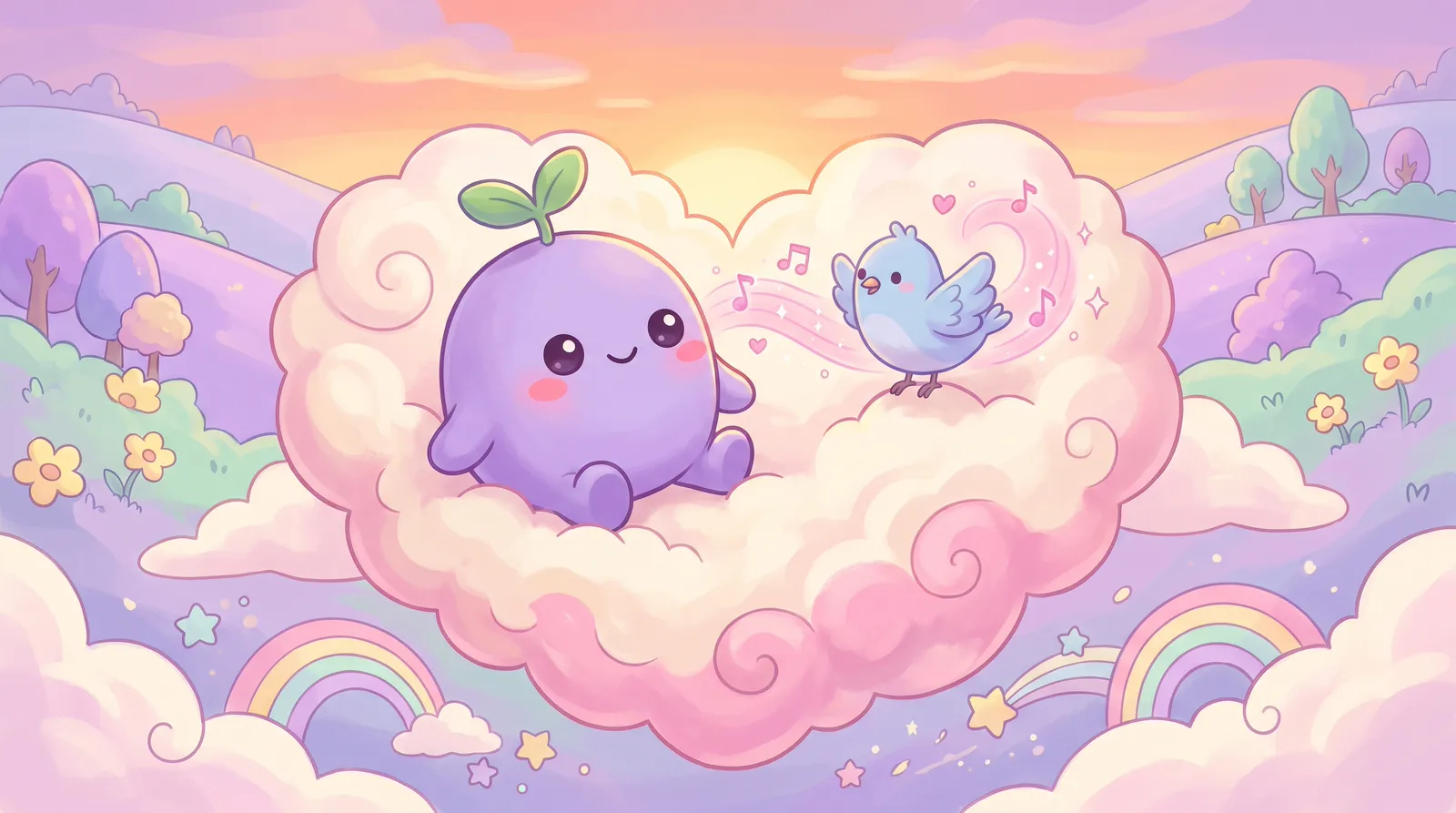 The dreamling and a blue bird on a heart-shaped cloud, soft pink sound waves between them