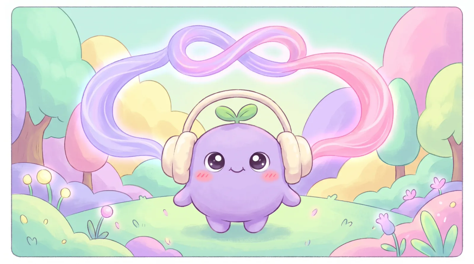 The dreamling in big headphones, a lavender wave in one ear and a pink wave in the other meeting in a loop