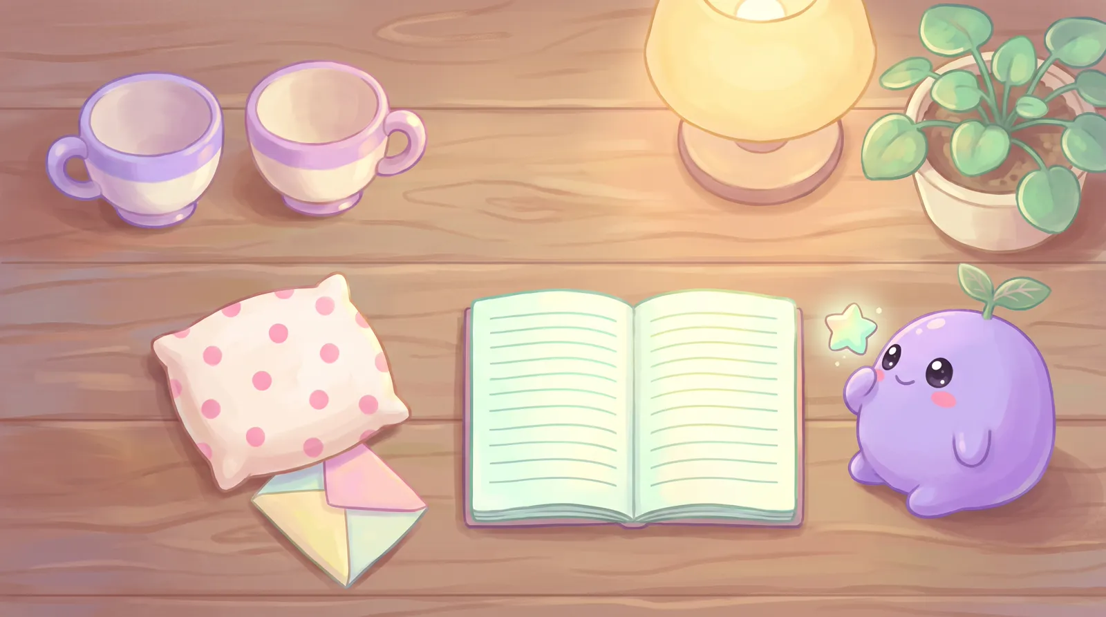 A desk with two teacups, a note under a pillow, a notebook of lines, and the dreamling whispering to a star