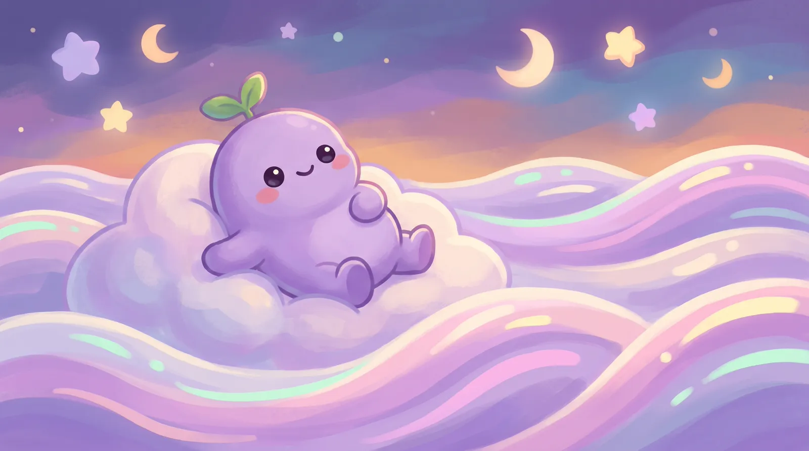 The dreamling floating half-asleep on a cloud, slow waves of light rolling around it