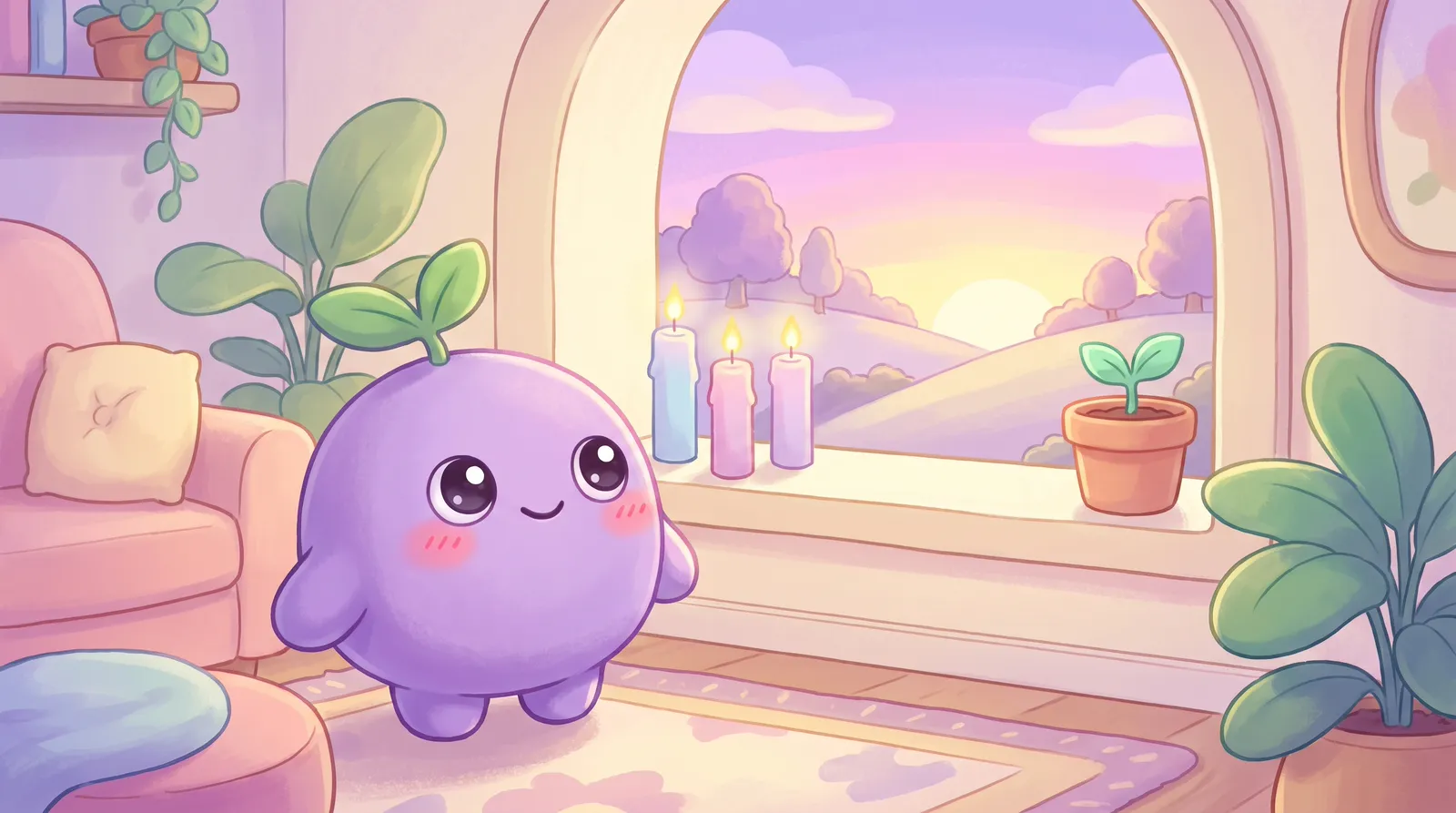 The dreamling noticing three slim candles glowing on a windowsill at dawn beside a new sprout
