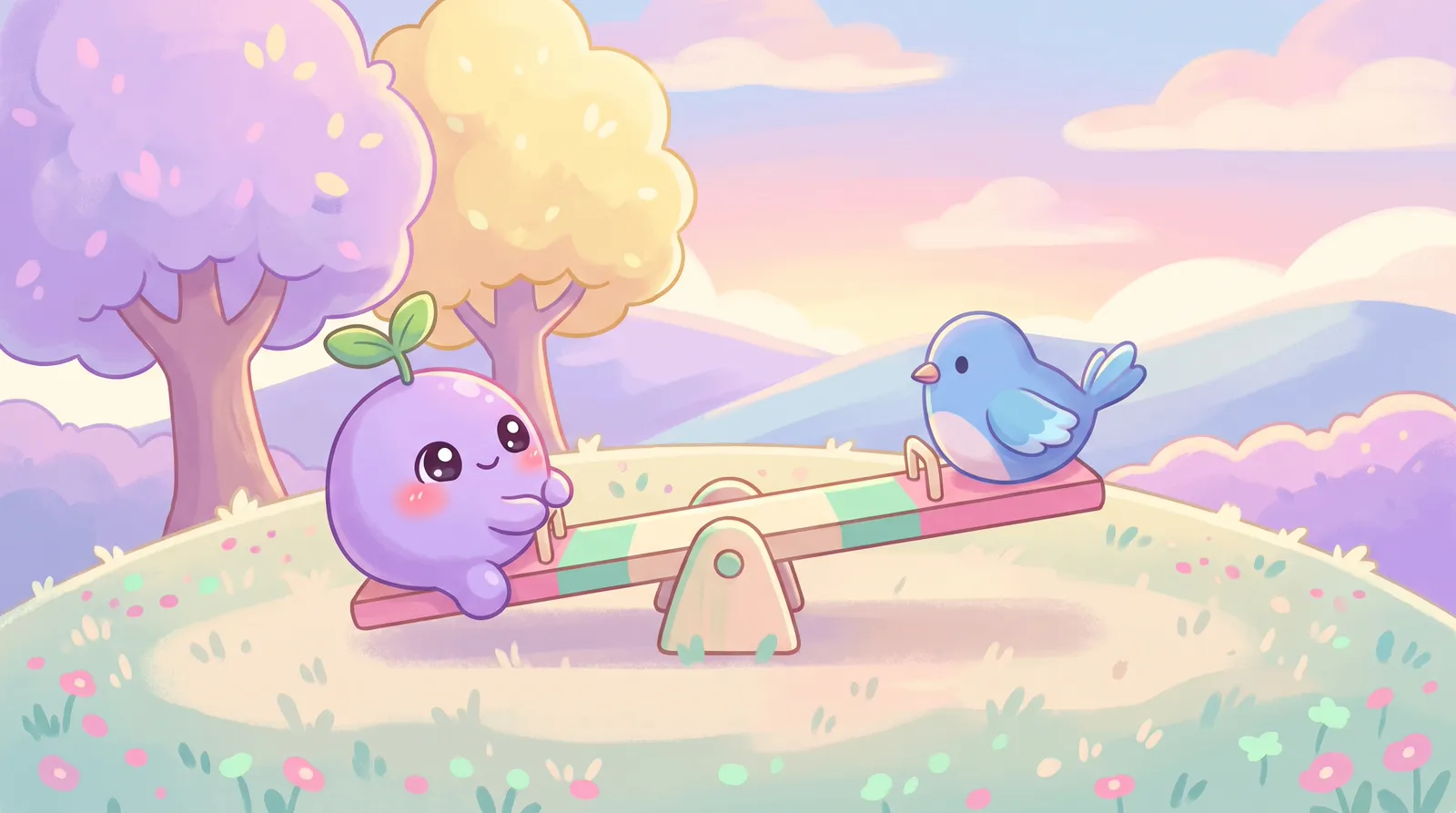 The dreamling and a blue bird balanced on a seesaw on a hill, two trees behind