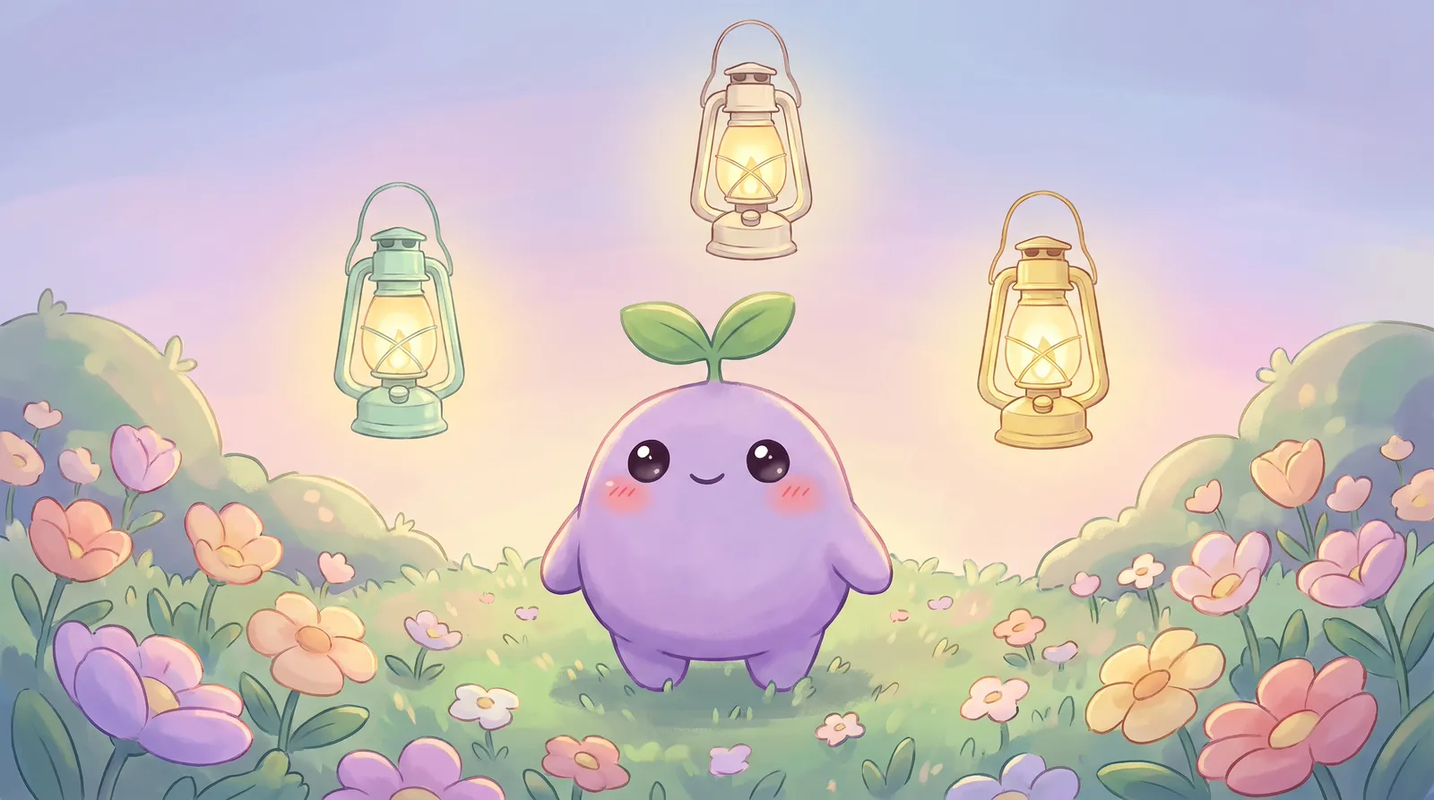 The dreamling in a meadow with three glowing lanterns floating around it in a triangle