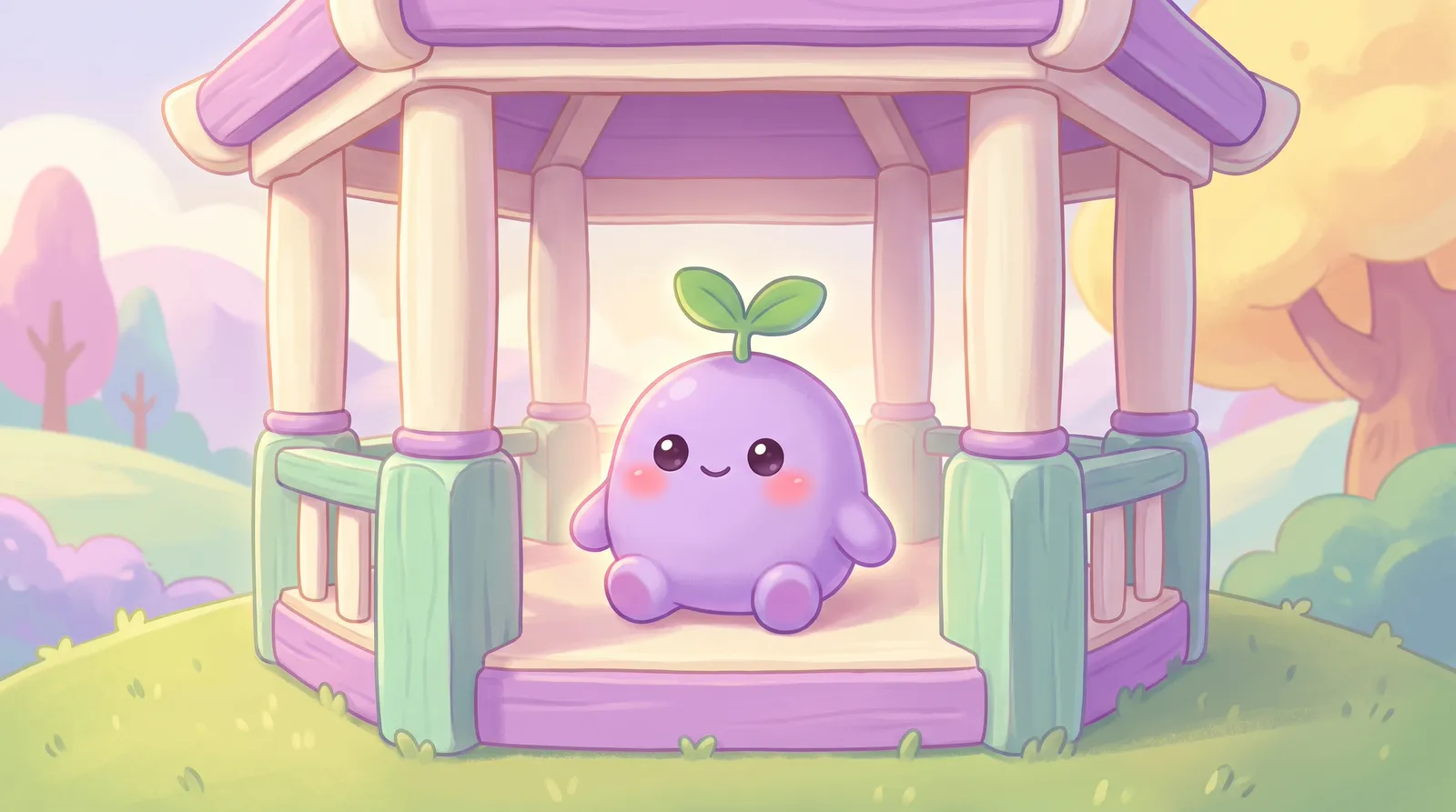 The dreamling inside a cozy pavilion with four pastel pillars on a hill, soft light around it