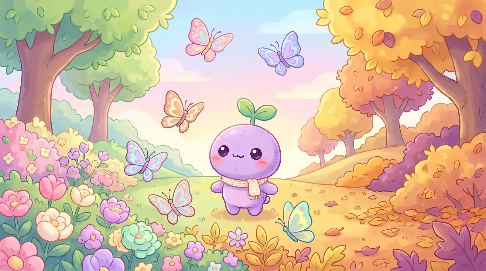 The dreamling watching five butterflies rise as spring blossoms turn to golden leaves