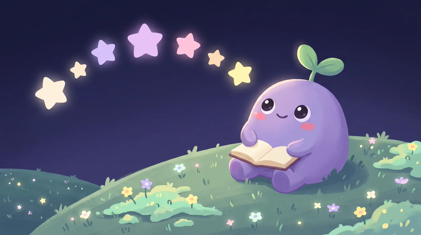 The dreamling on a quiet hill looking up at seven bright stars in an arc, a journal on its lap