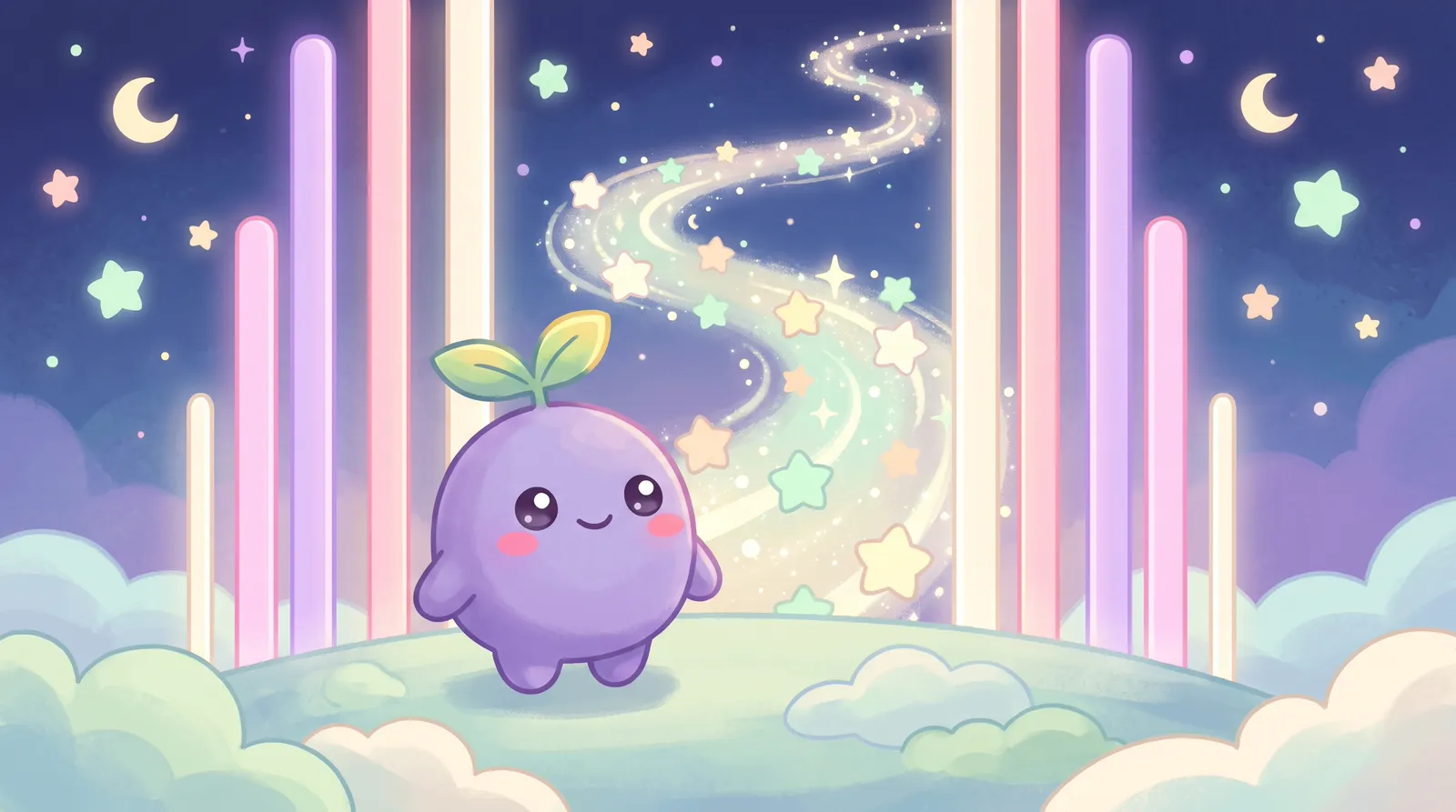 The dreamling before a tall glowing gateway of light pillars, a starry path beyond