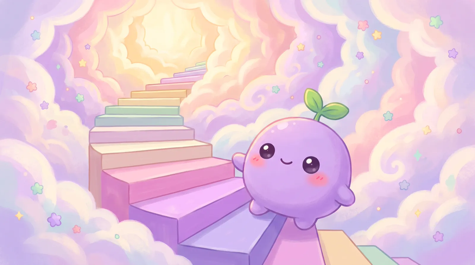 The dreamling climbing a spiral staircase of pastel steps into the clouds, warm light at the top