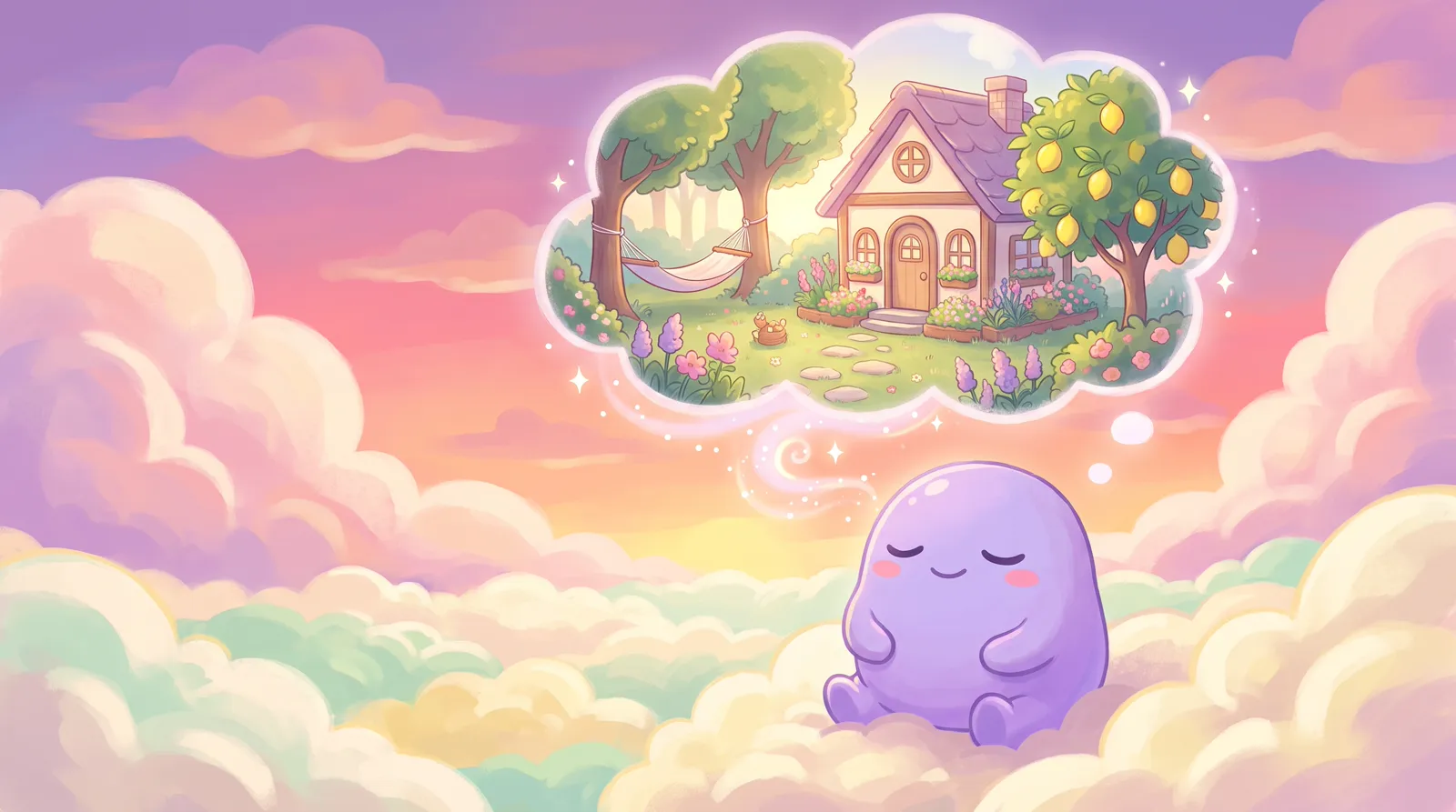 The dreamling with eyes closed under a thought-cloud showing a sunny cottage and garden