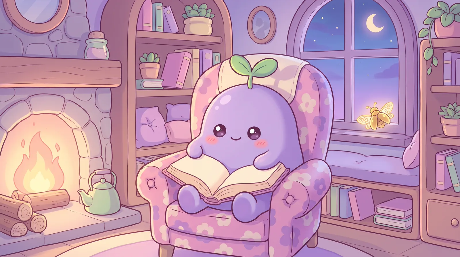 The dreamling by a fireplace with a big book, a glowing golden beetle on the windowsill