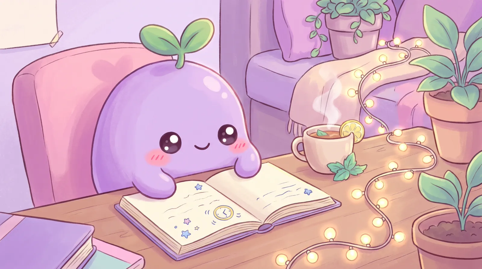 The dreamling writing in a journal with little star and clock doodles, tea and fairy lights