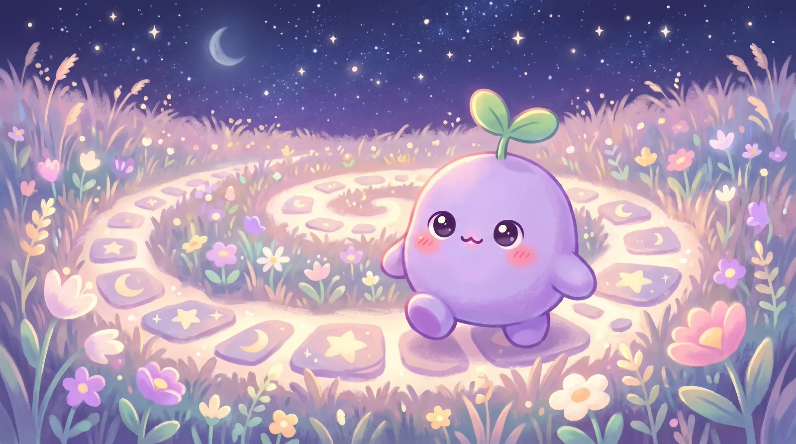 The dreamling walking a glowing spiral path across a starry meadow, stepping stones with star and moon symbols