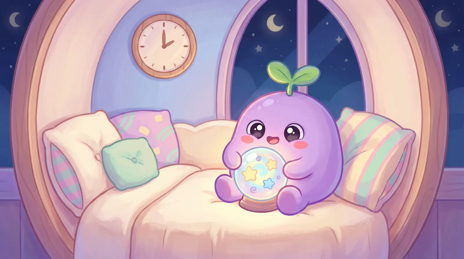 The dreamling at a night window holding a glowing crystal ball with swirling star symbols