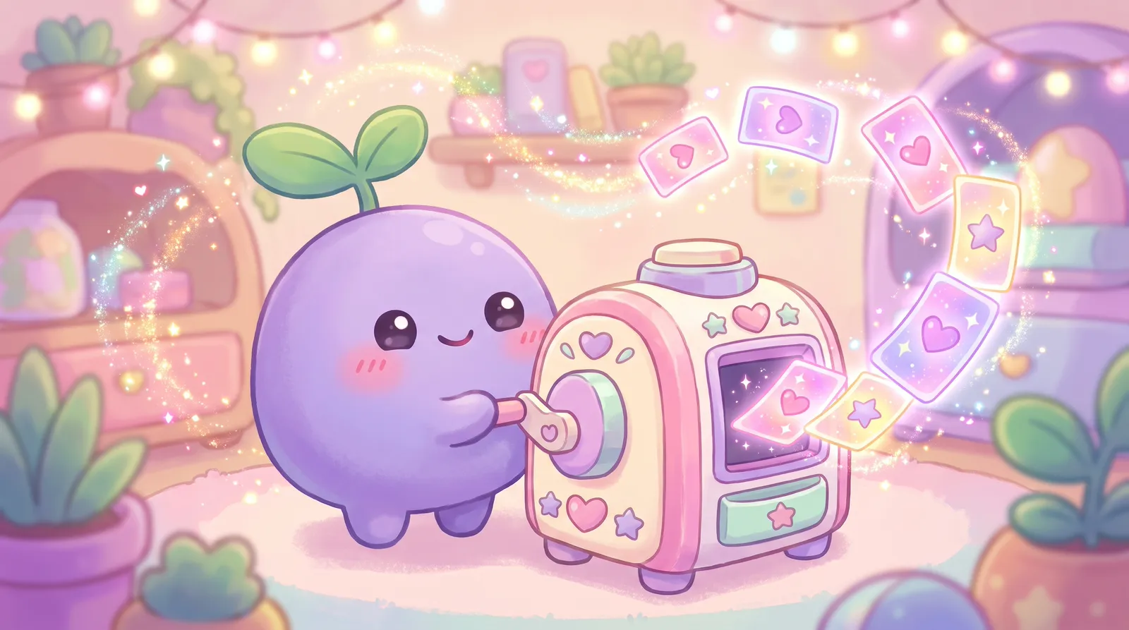 The dreamling turning the crank of a pastel machine that releases glowing cards with hearts and stars