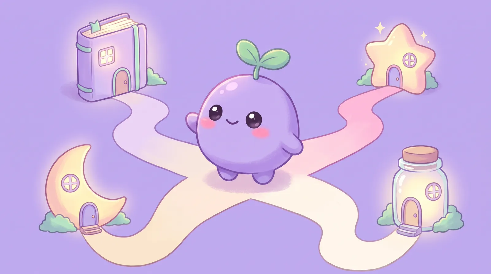 The dreamling at a crossroads of four pastel paths leading to a notebook house, a moon house, a star house and a jar house