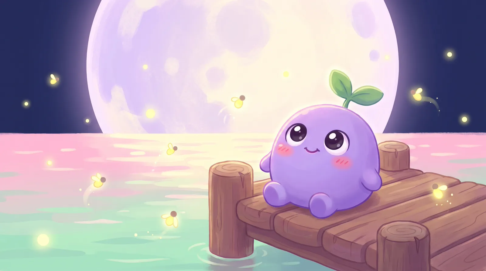 A huge glowing full moon over a calm pastel lake, the dreamling on a small wooden dock looking up