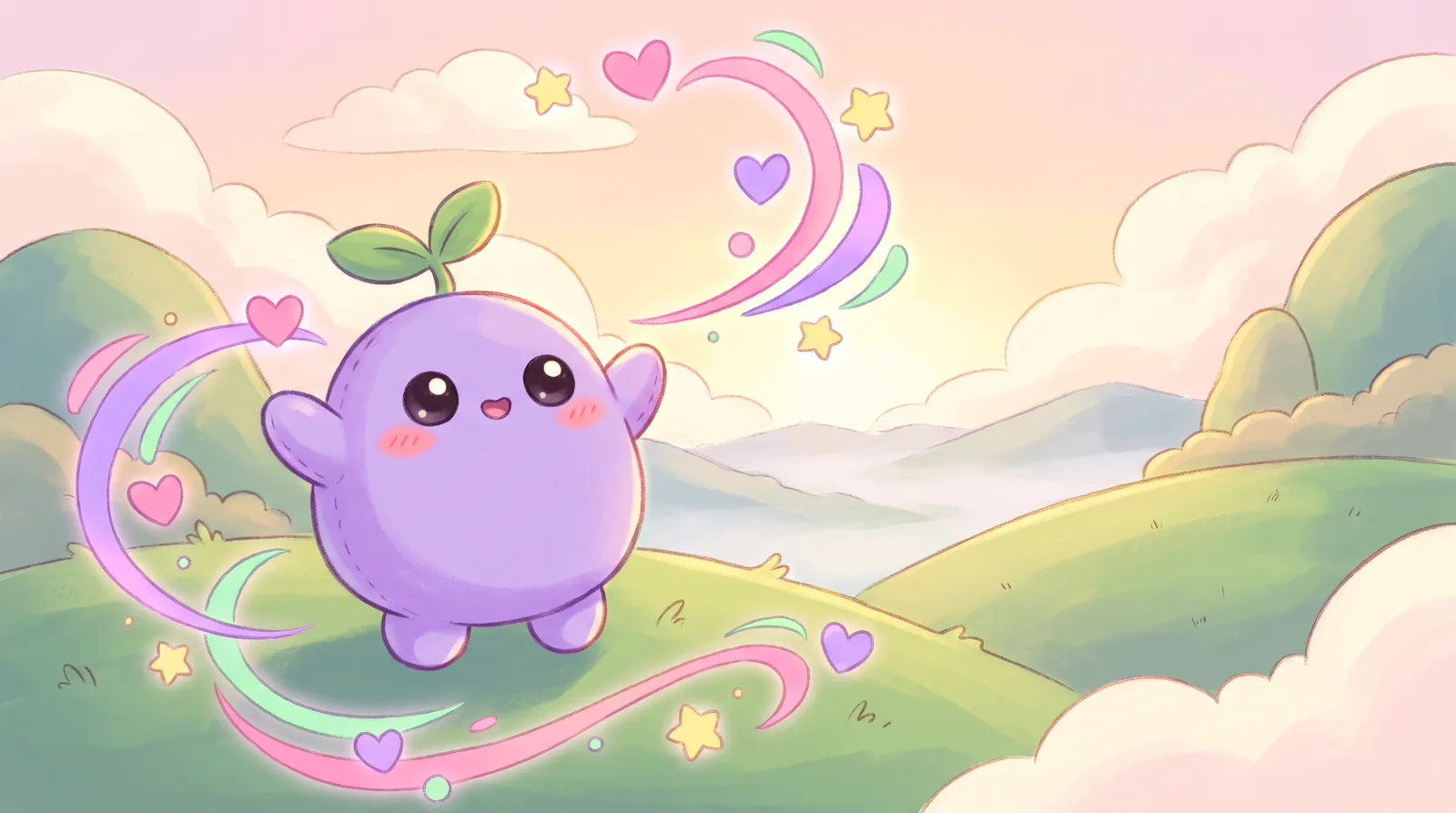 The dreamling on a hill at sunrise with arms raised, ribbons of hearts and stars swirling around it