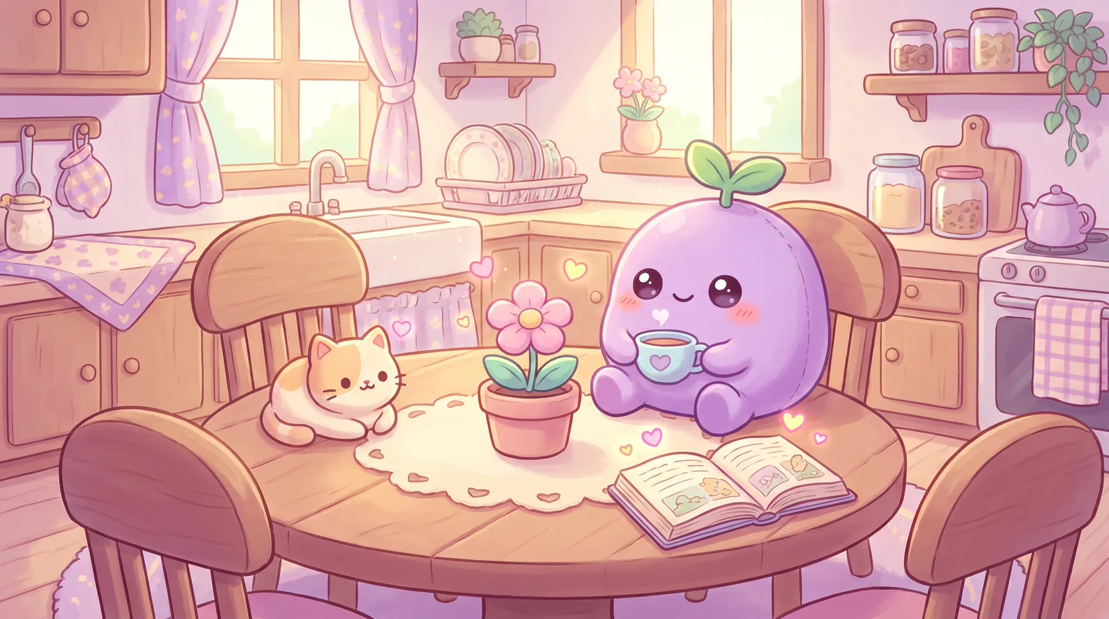 The dreamling in a cozy kitchen surrounded by small lovely things, each with a tiny glowing heart