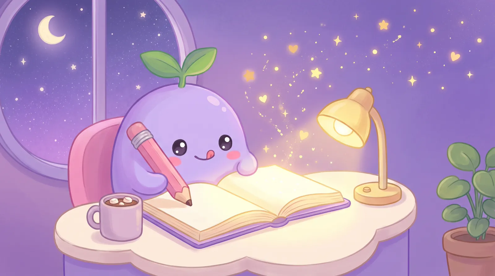 The dreamling writing in a glowing notebook at night