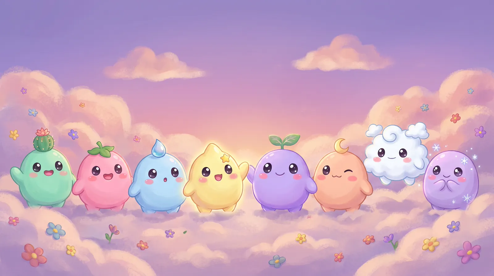 Eight different dreamlings standing together in a cloud garden