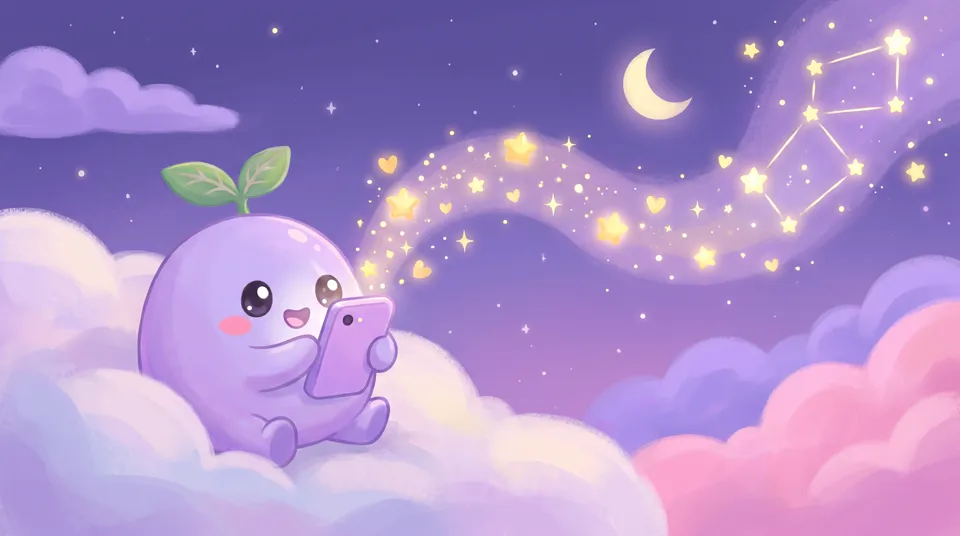 The dreamling typing on a phone under the stars