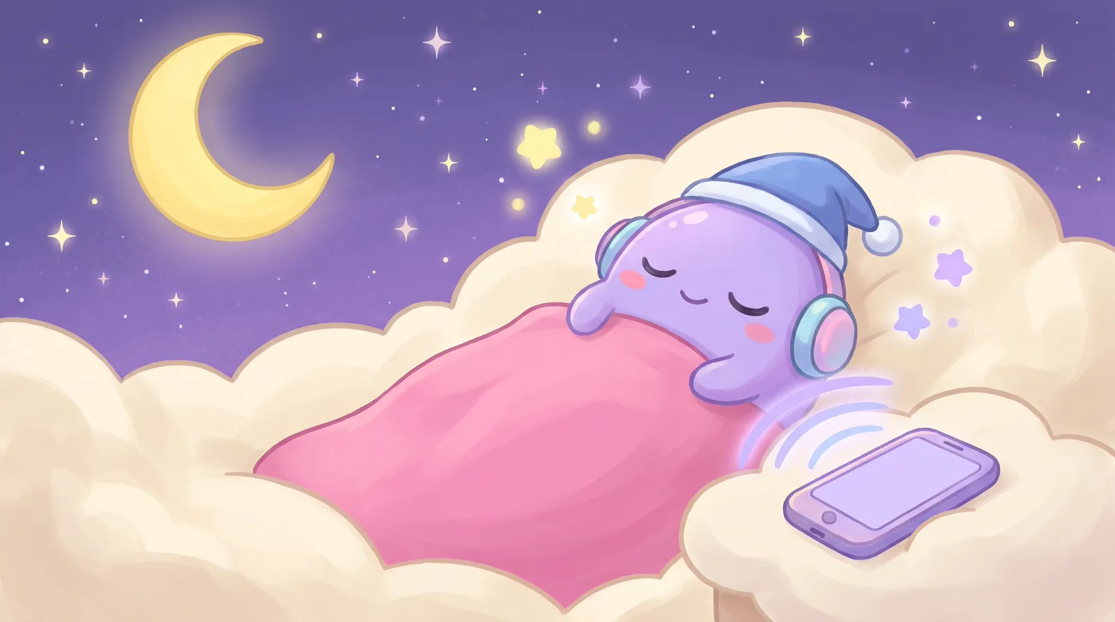 The dreamling asleep on a cloud bed with headphones on
