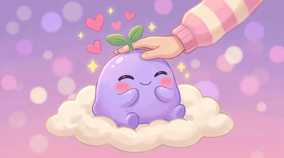 A hand petting the dreamling, small hearts rising