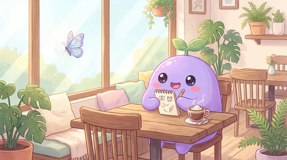 The dreamling in a cafe drawing tiny doodles of a butterfly, a clock and a feather in a notebook