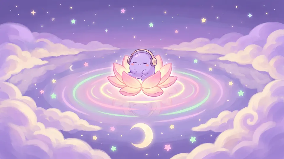 The dreamling on a glowing lotus on a lake of clouds at night with headphones
