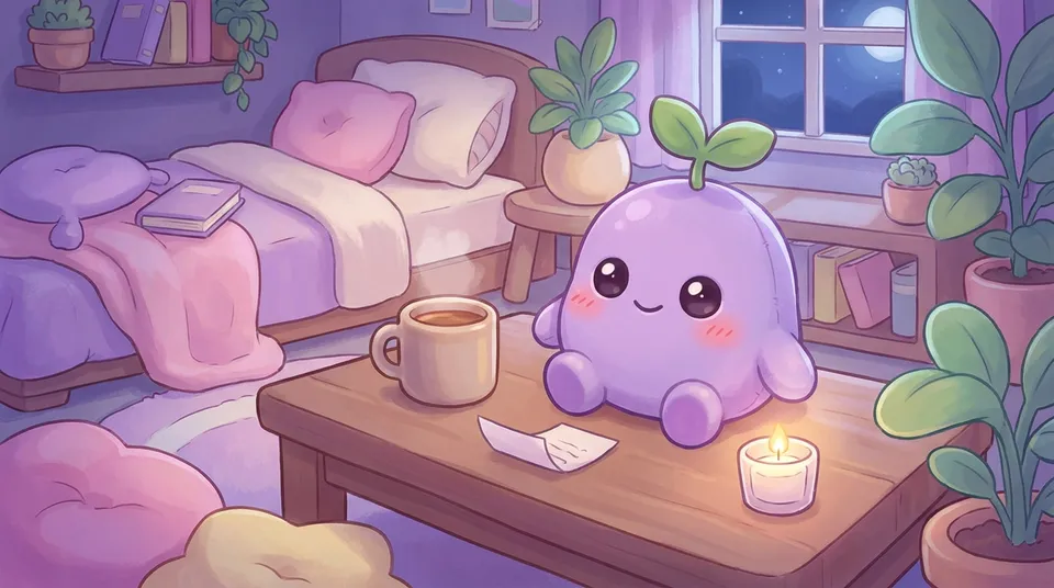 A mug, a small candle and a folded paper slip on a table at midnight, the dreamling smiling