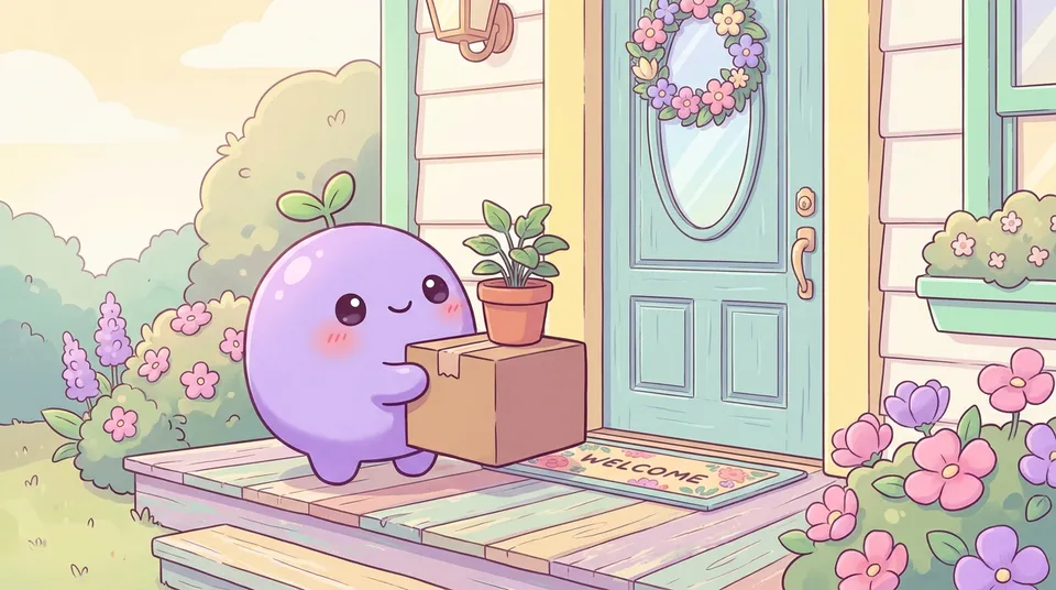 The dreamling on a doorstep hugging a box with a potted plant on top