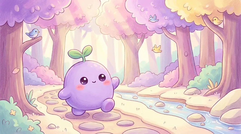The dreamling walking a forest path among pastel trees and sunbeams