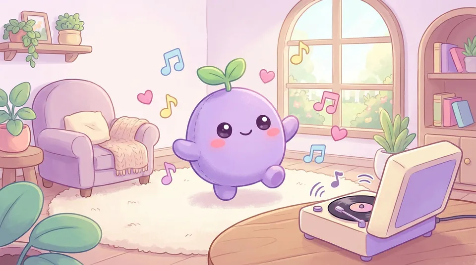The dreamling dancing to a little record player with music notes and hearts